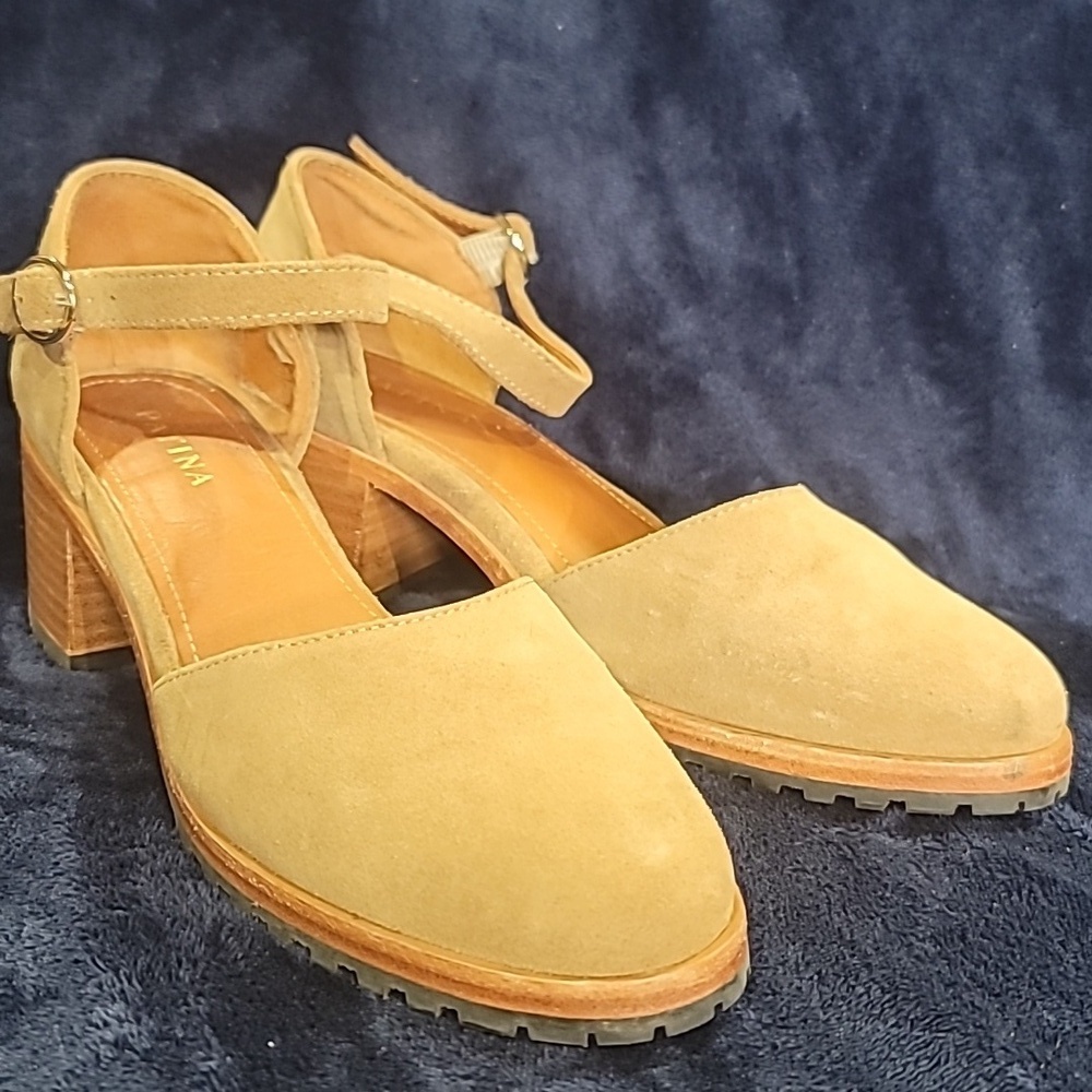 Patina Tan Suede Block Heel D'Orsay Sandals Lug Sole Size 9